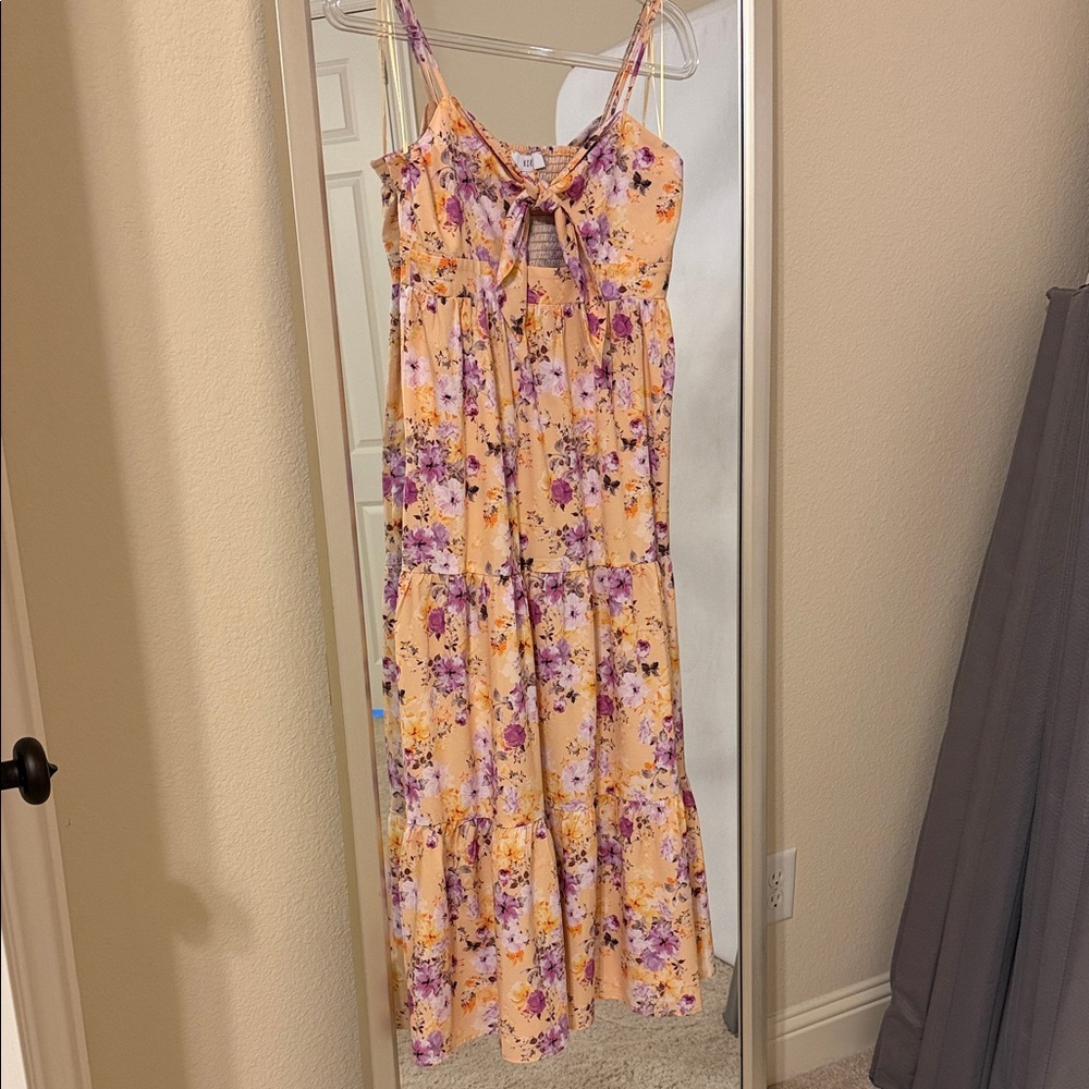 Butter Yellow  Floral Midi Dress with Purple Flowers